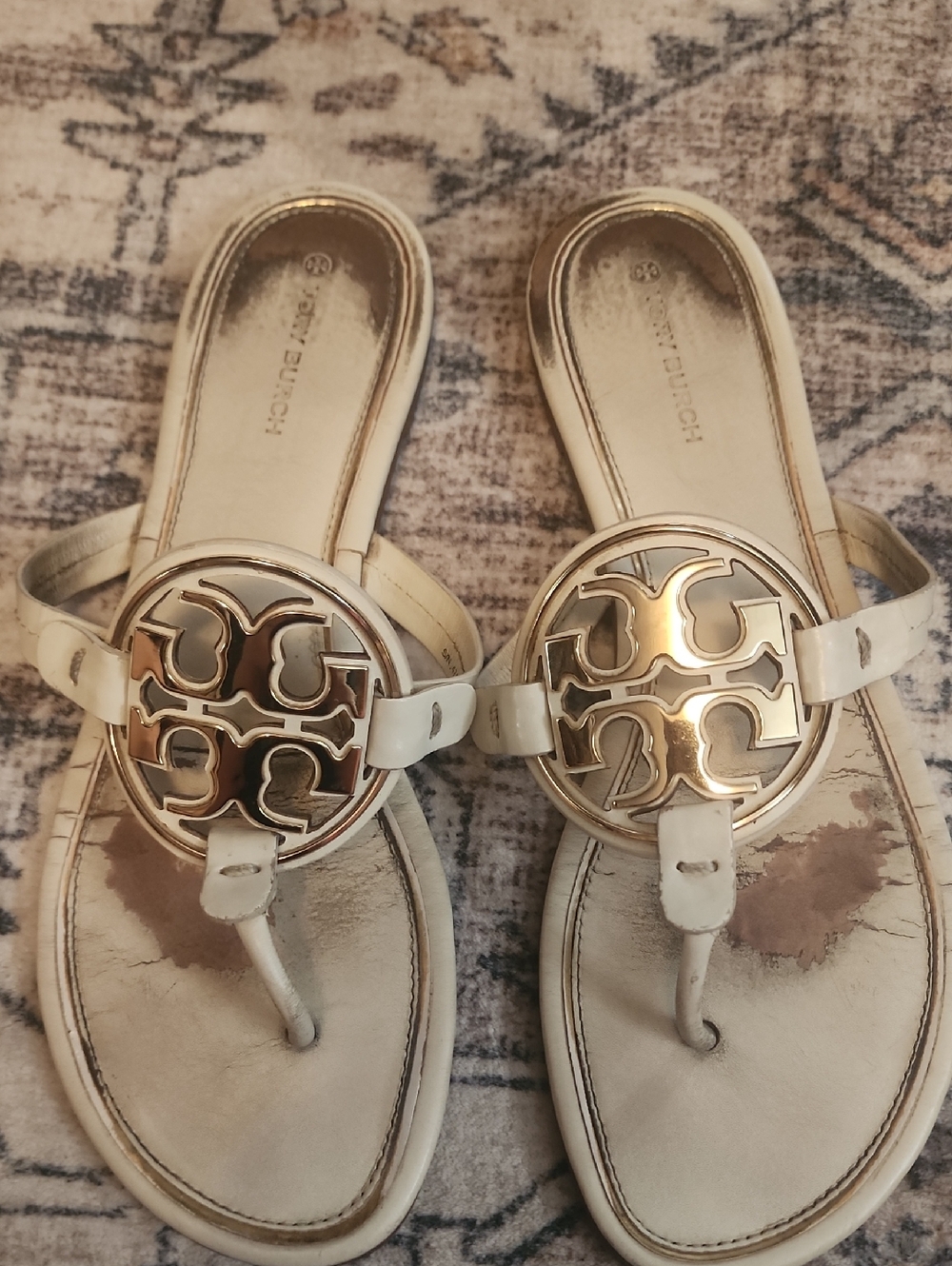 Tory Burch Size 10 Cream Sandals with Gold Logo Medallions